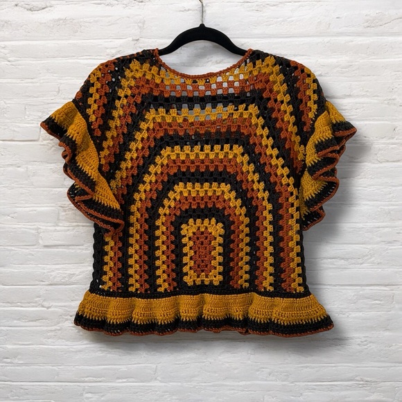 ⭐️ Zara Short Sleeve Ruffle Black Brown Gold Crochet Knit Ruffle Crop Top MEDIUM - Picture 4 of 12